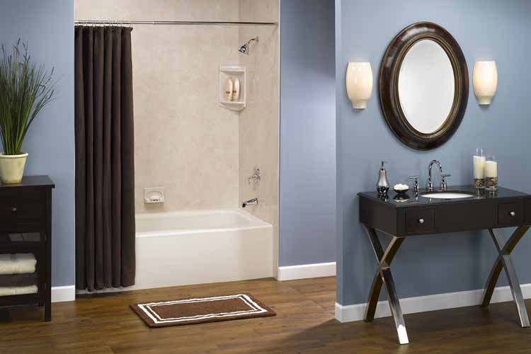 Maroon shower curtain and blue walls bathroom