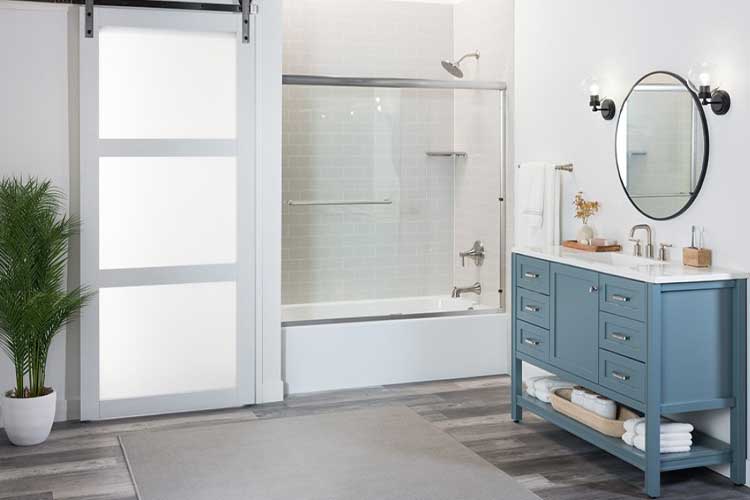 Bathroom with blue sink drawers