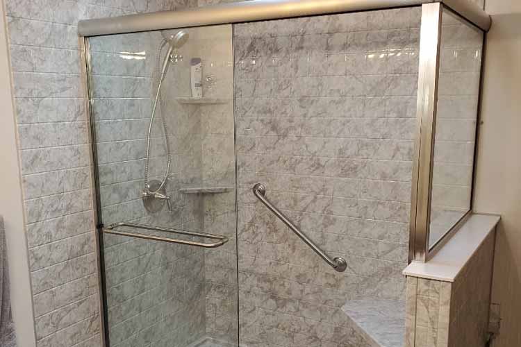 Maroon shower curtain and blue walls bathroom